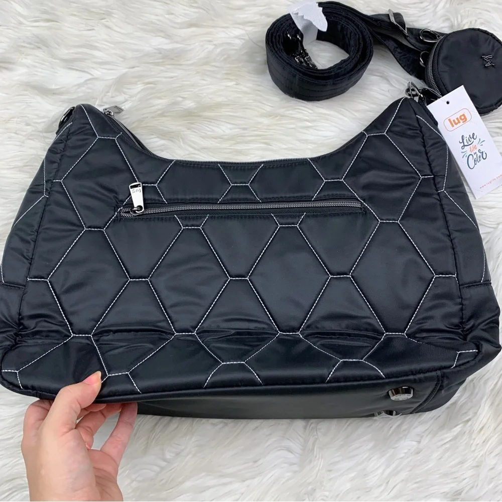 Lug Winger 2pc Hobo Bag Black Silver Stitch NEW Shoulder Crossbody Quilted Coin - Picture 7 of 9